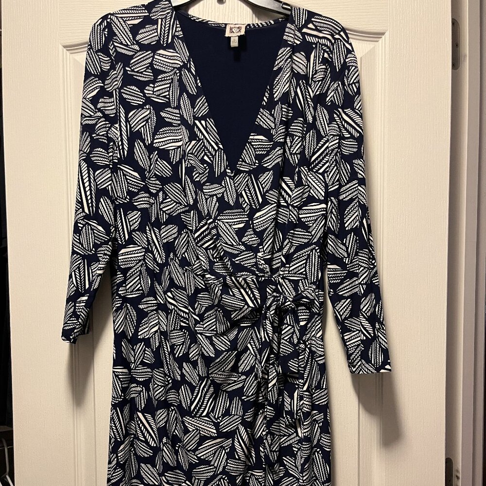Anne Klein navy leaf pattern Faux Wrap dress size XL